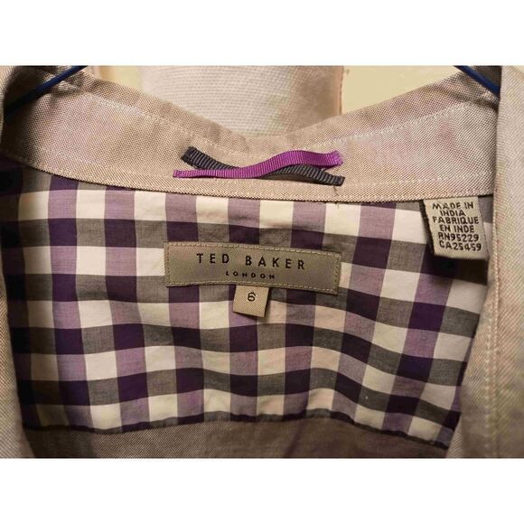 Ted Baker London Gray w/ Purple Checkered inner-Button down Long Sleeve-Size 6 - Picture 2 of 6